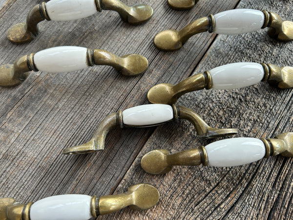 Individual Vintage Brass and White Porcelain Cabinet Pulls