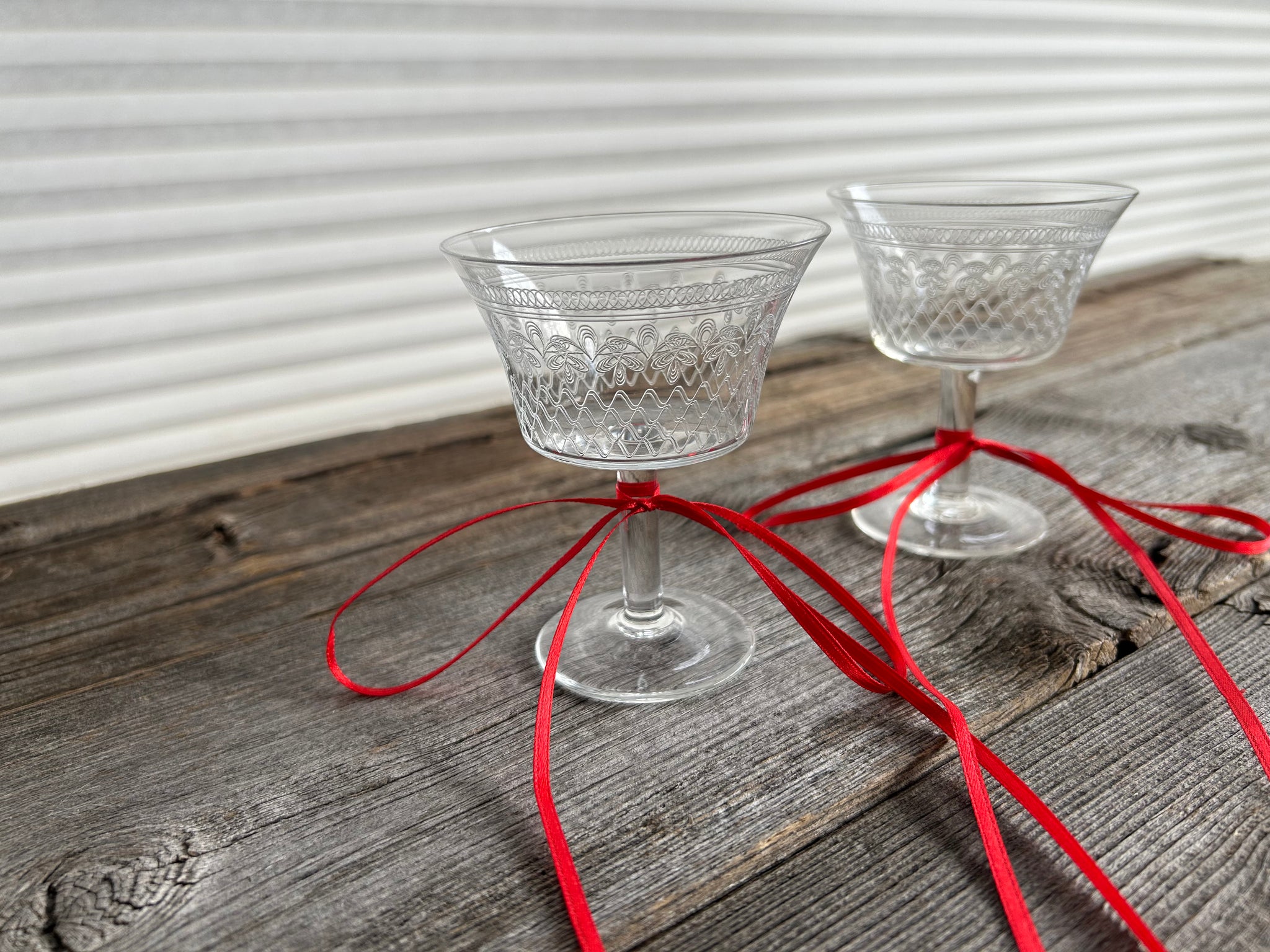 Vintage Set of 2 Edwardian Etched Coupe Glasses