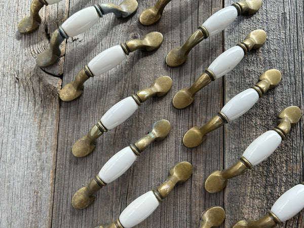 Individual Vintage Brass and White Porcelain Cabinet Pulls