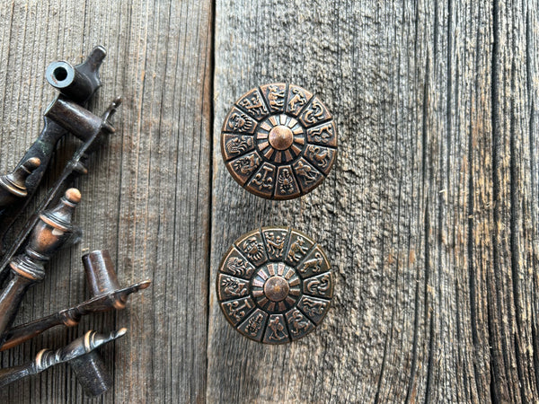 Vintage Set of 2 Dark Brass Cabinet Pulls - 12 Horoscope Symbols