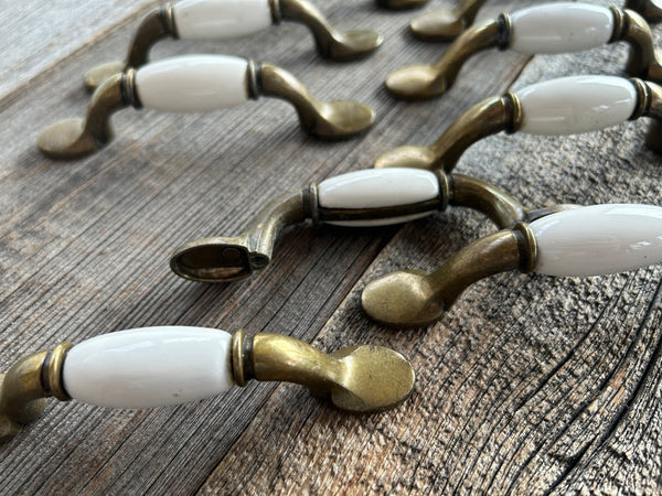 Individual Vintage Brass and White Porcelain Cabinet Pulls