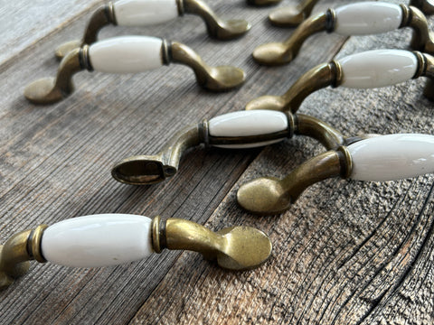 Individual Vintage Brass and White Porcelain Cabinet Pulls