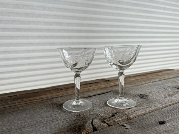 Set of 2 Vintage Etched Floral Coupe Glasses