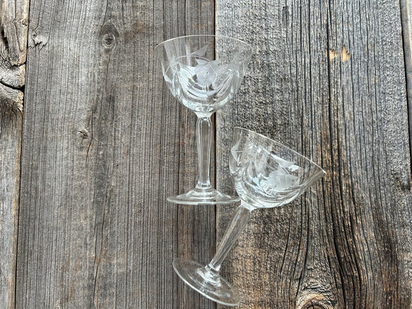 Set of 2 Vintage Etched Floral Coupe Glasses