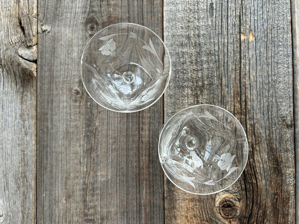 Set of 2 Vintage Etched Floral Coupe Glasses