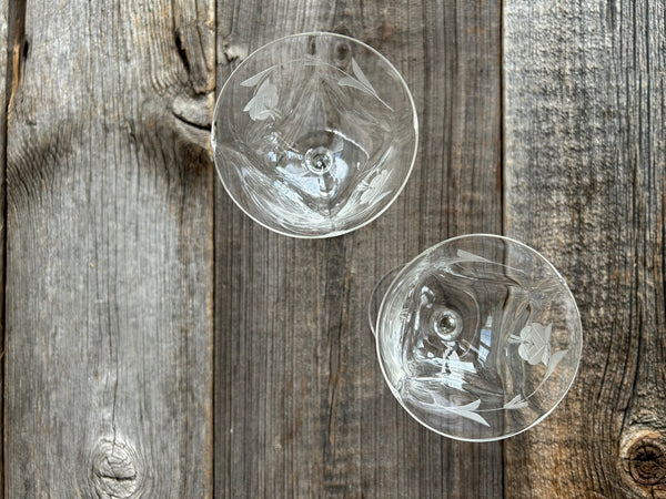 Set of 2 Vintage Etched Floral Coupe Glasses