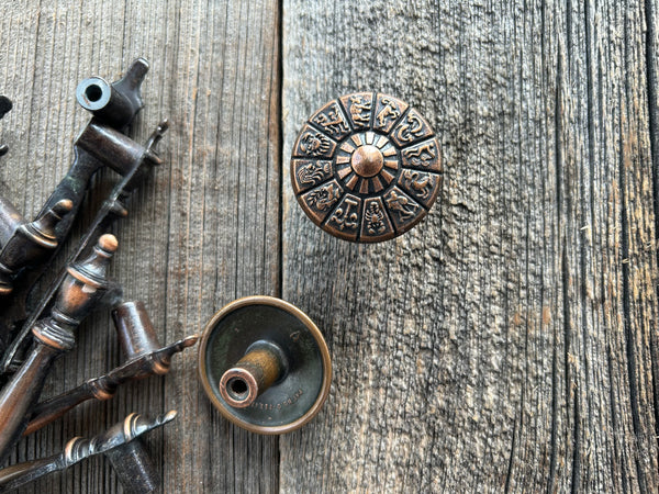 Vintage Set of 2 Dark Brass Cabinet Pulls - 12 Horoscope Symbols