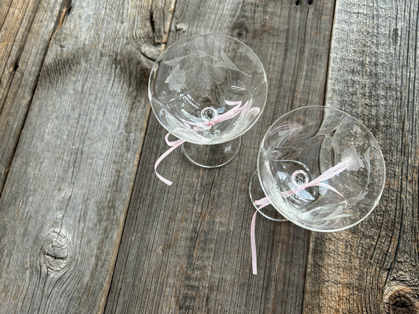 Set of 2 Vintage Etched Floral Coupe Glasses