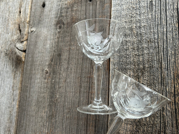 Set of 2 Vintage Etched Floral Coupe Glasses