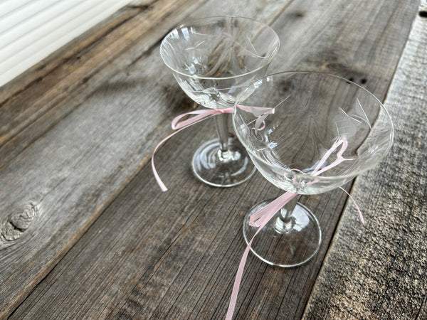 Set of 2 Vintage Etched Floral Coupe Glasses