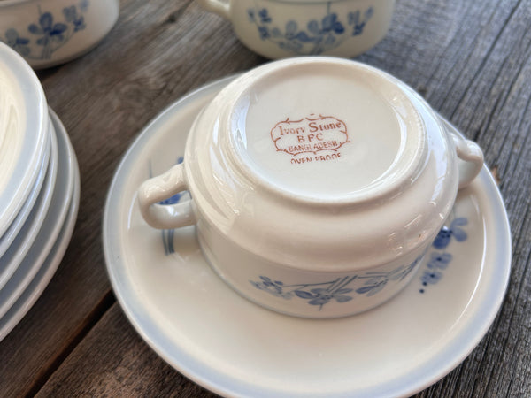 Individual Ivory Stone BFC Blue Floral Soup bowls and Saucers