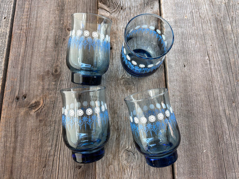 Set of 4 Vintage Dominion Glass Blue Daisy Drinking Glasses - Stackable