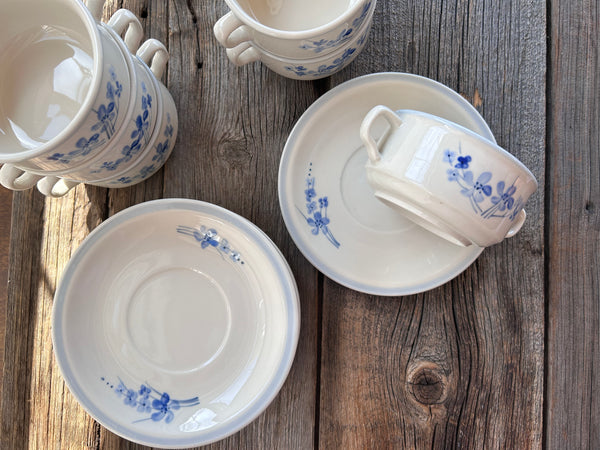 Individual Ivory Stone BFC Blue Floral Soup bowls and Saucers