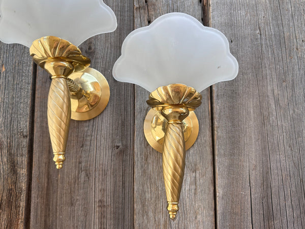 Set of 2 Vintage Partylite Frosted Glass and Brass Wall Sconces