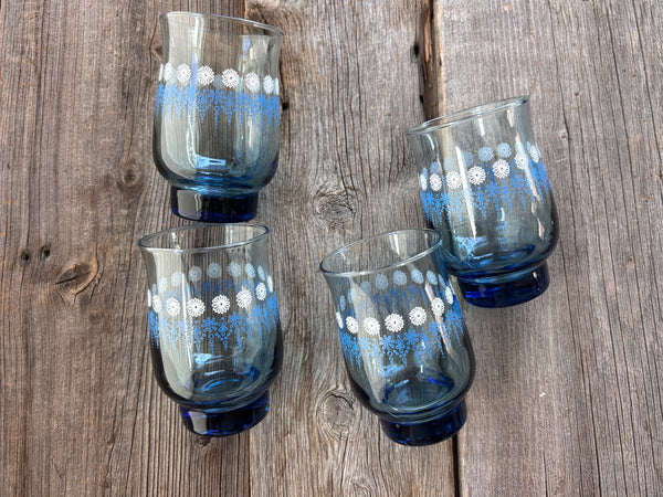 Set of 4 Vintage Dominion Glass Blue Daisy Drinking Glasses - Stackable