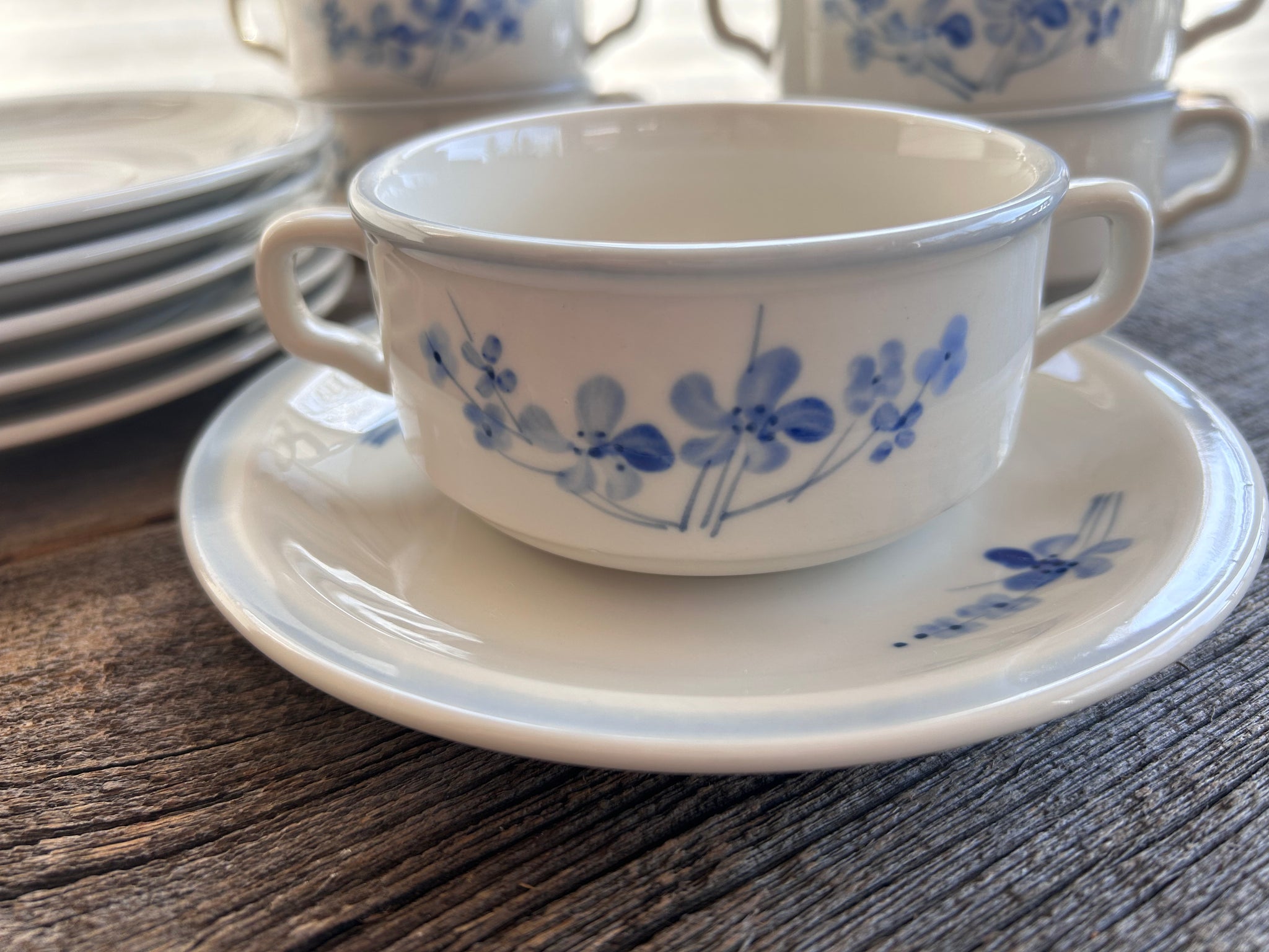 Individual Ivory Stone BFC Blue Floral Soup bowls and Saucers