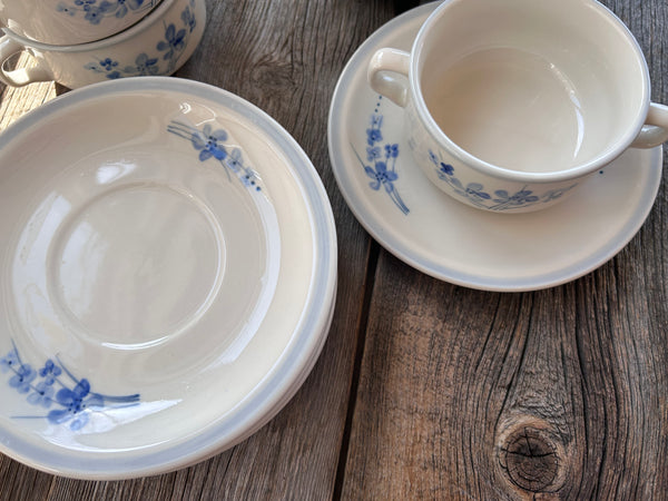 Individual Ivory Stone BFC Blue Floral Soup bowls and Saucers