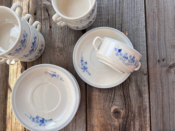 Individual Ivory Stone BFC Blue Floral Soup bowls and Saucers