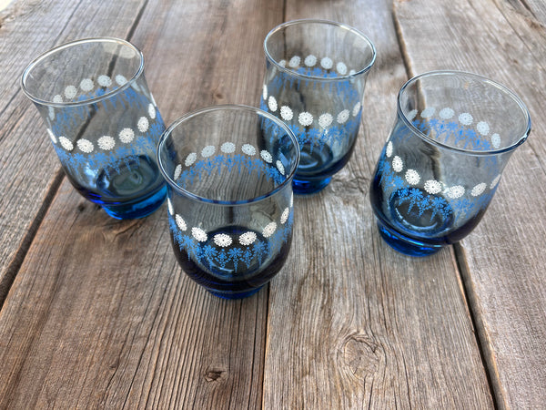 Set of 4 Vintage Dominion Glass Blue Daisy Drinking Glasses - Stackable