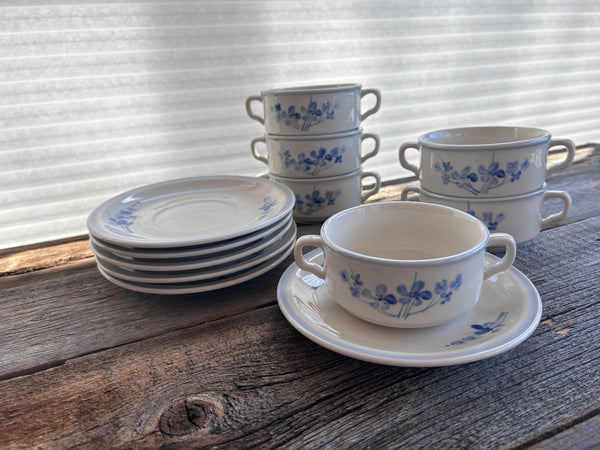 Individual Ivory Stone BFC Blue Floral Soup bowls and Saucers