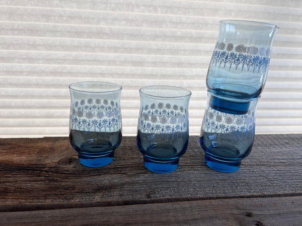 Set of 4 Vintage Dominion Glass Blue Daisy Drinking Glasses - Stackable