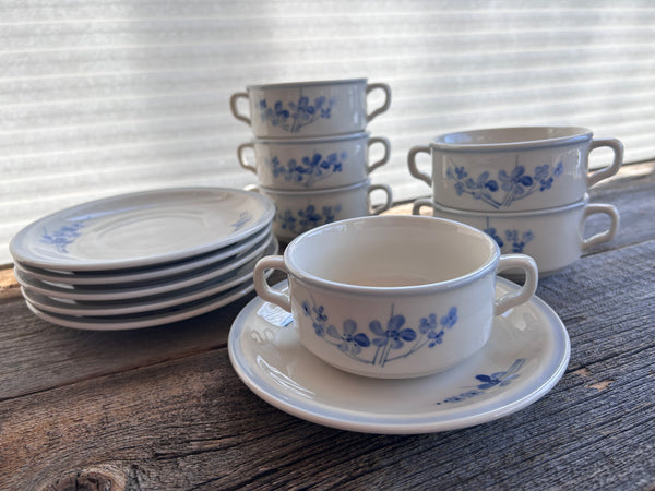 Individual Ivory Stone BFC Blue Floral Soup bowls and Saucers