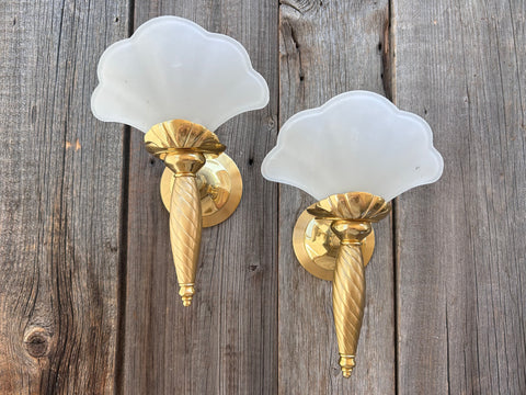 Set of 2 Vintage Partylite Frosted Glass and Brass Wall Sconces