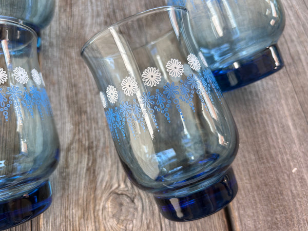 Set of 4 Vintage Dominion Glass Blue Daisy Drinking Glasses - Stackable