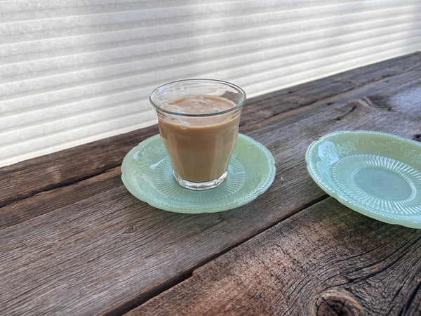 2-Piece Brand New Glass Tumbler + Vintage Fire King Jadeite Saucer