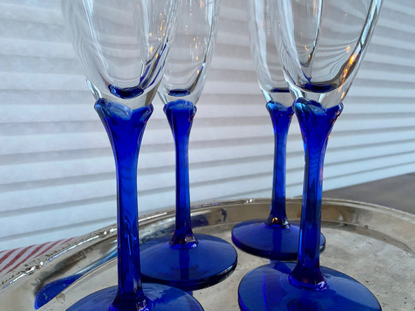 Set of 4 Vintage Libbey Domaine Blue Champagne Glasses