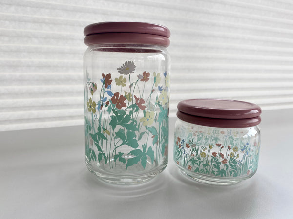 Vintage Ocean Glass Pink Floral Jar Set