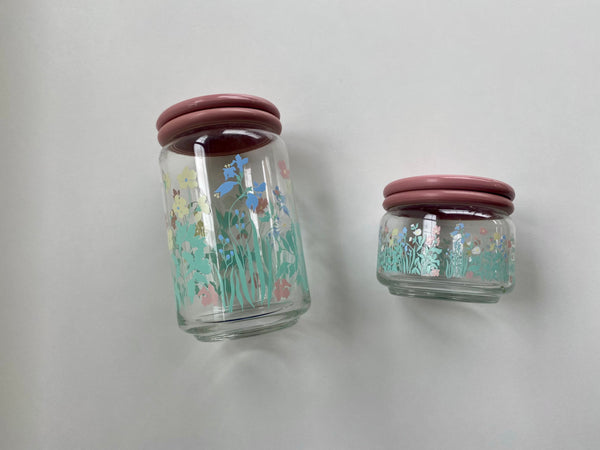 Vintage Ocean Glass Pink Floral Jar Set