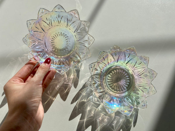 Vintage Set of 2 Federal Glass Iridescent Petal Dishes