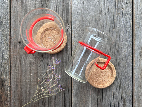 Vintage Set of 2 Bodum Red Handled Glass Mugs With Cork Coasters