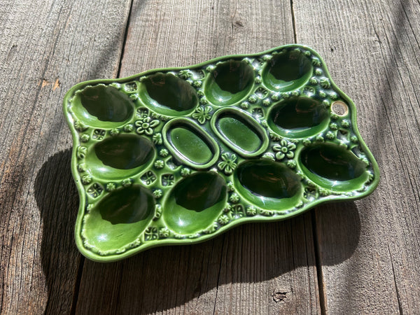 Vintage Emerald Green Ceramic Egg Platter Dish