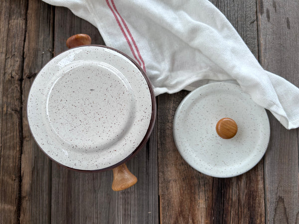 Vintage Brown Speckled Enamel Fondue Pot