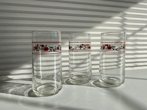 Set of 3 Vintage Red Flowers Drinking Glasses