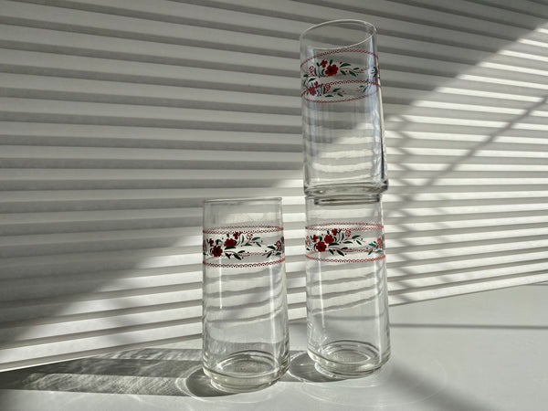 Set of 3 Vintage Red Flowers Drinking Glasses