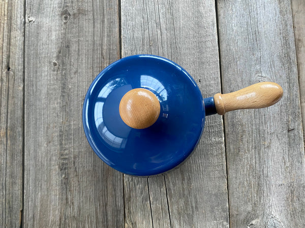 Vintage Enamel Metal Blue Fondue Pot