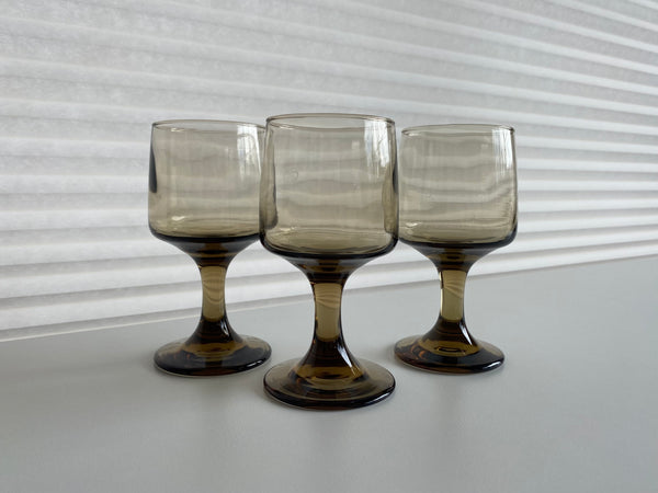 Vintage Set of 3 Smoke Glass Wine Glasses