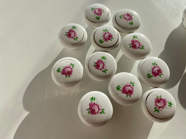 Vintage Individual Porcelain Rose Cabinet Knobs