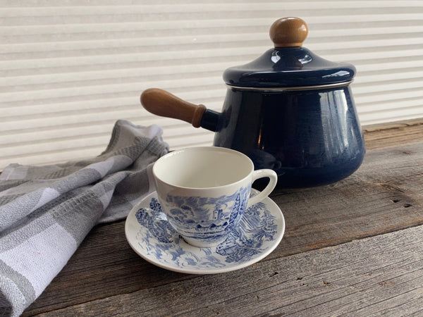 Vintage Enamel Metal Blue Fondue Pot