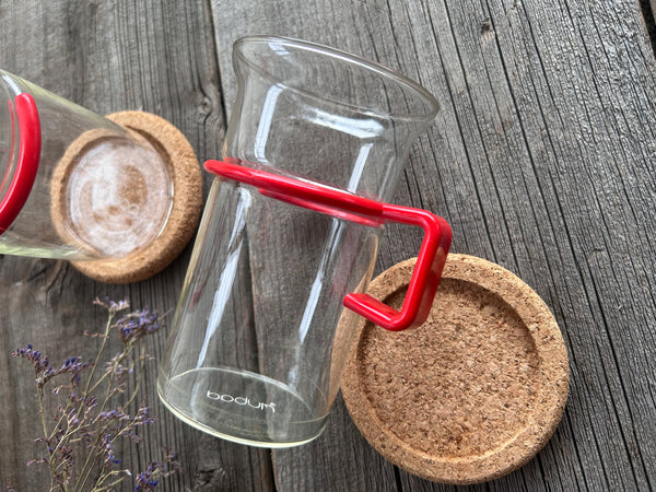 Vintage Set of 2 Bodum Red Handled Glass Mugs With Cork Coasters