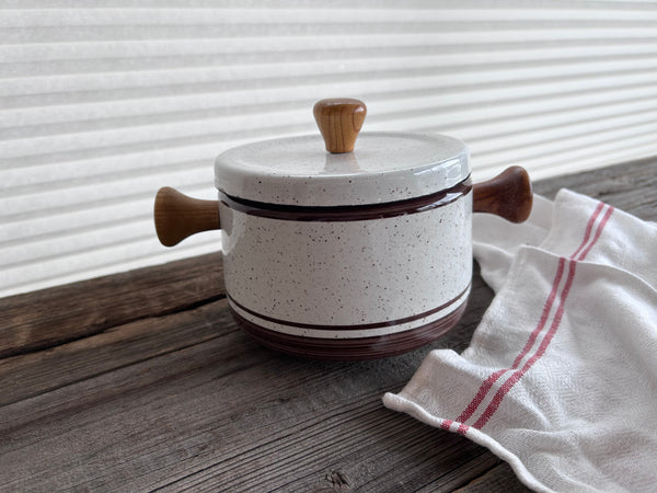 Vintage Brown Speckled Enamel Fondue Pot