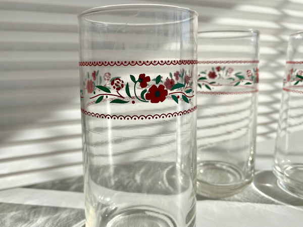 Set of 3 Vintage Red Flowers Drinking Glasses