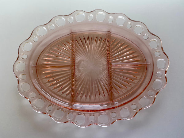 Vintage Individual Anchor Hocking Lace Edge 5-Part Relish Dish - Pink Depression Glass