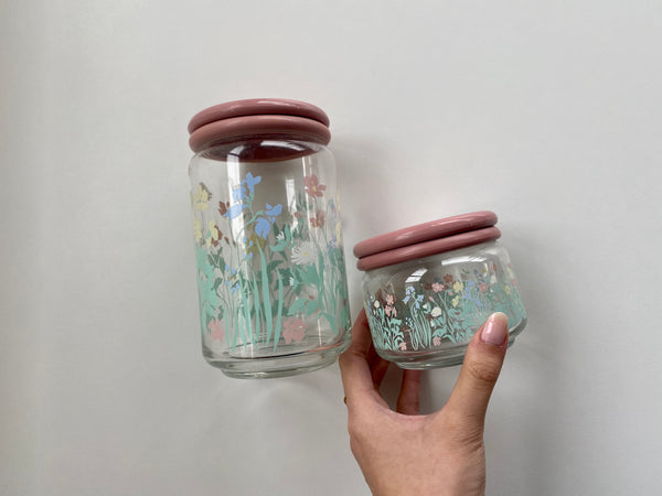 Vintage Ocean Glass Pink Floral Jar Set