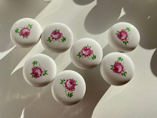 Vintage Individual Porcelain Rose Cabinet Knobs