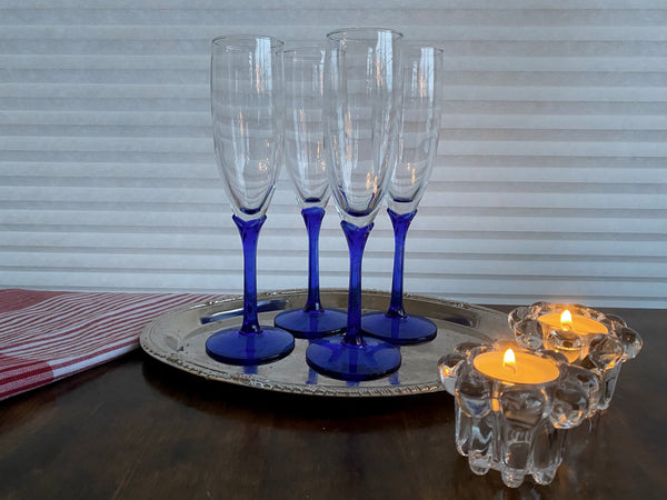 Set of 4 Vintage Libbey Domaine Blue Champagne Glasses