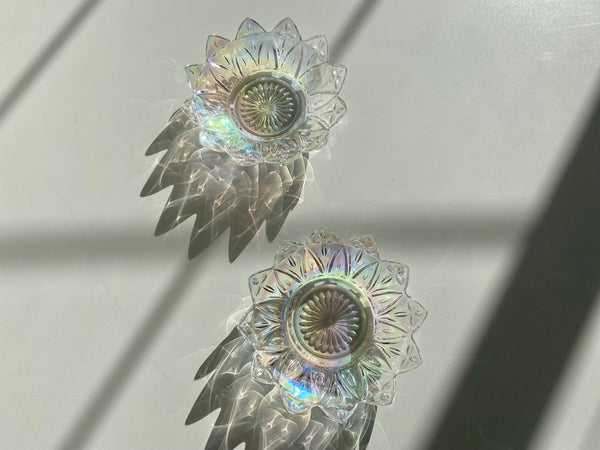 Vintage Set of 2 Federal Glass Iridescent Petal Dishes